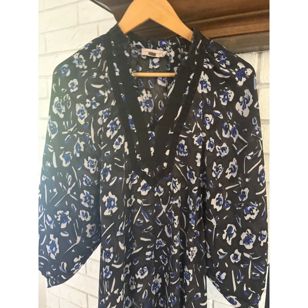 Tory Burch Puff Sleeve Tunic Floral Asymmetrical Hem Dress Blue Black XS